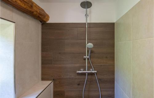 a shower in a bathroom with wooden walls at 4 Bedroom Amazing Home In Vrhnika in Vrhnika