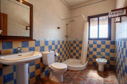Casa Mirador Las claras Con Piscina privada jardin y AireAcodicionado في Iznate: حمام ازرق وابيض مع مغسلة ومرحاض