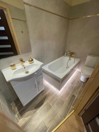 a bathroom with a sink and a tub and a toilet at Apartamenty Konopnicka in Bydgoszcz