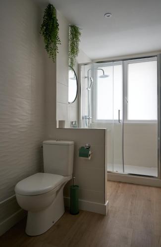 une salle de bain blanche avec toilettes et douche dans l'établissement *Green Organic* Balcon & Garage, à Clermont-Ferrand