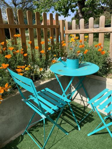 deux chaises bleues et une table avec une plante sur elle dans l'établissement Studios de l'Etang du perray, à Le Perray-en-Yvelines