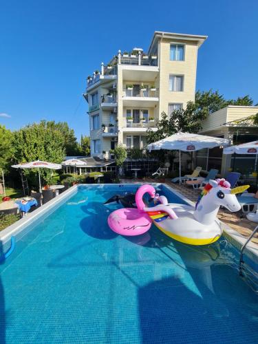 ein Pool mit zwei Schwänen und zwei aufblasbaren Flamingos in der Unterkunft Hotel Rai in Obrochishte