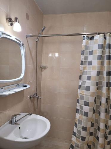 a bathroom with a sink and a shower at Viešbutis RASA in Raseiniai
