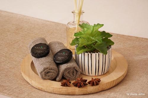 a wooden plate with towels and a plant and a vase at Anise Suites in Livnim