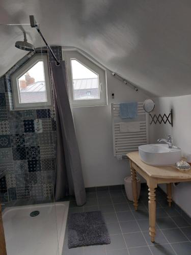 a bathroom with a sink and a shower at Maison au pied de la cathédrale Amiens centre in Amiens