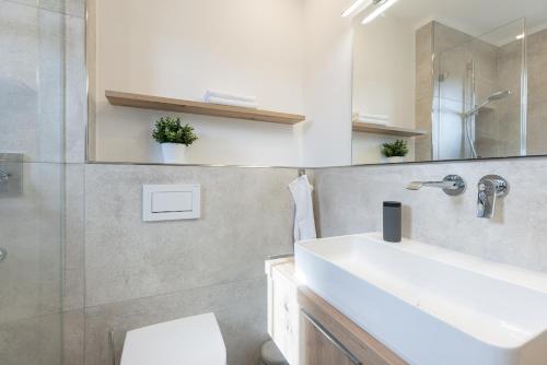 een badkamer met een wastafel, een toilet en een spiegel bij Haus Dieksee Holm Diekseeloge in Malente