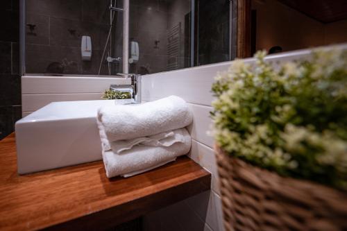 a bathroom sink with a towel on a counter at Hotel Mas de Xaxas in Camprodon