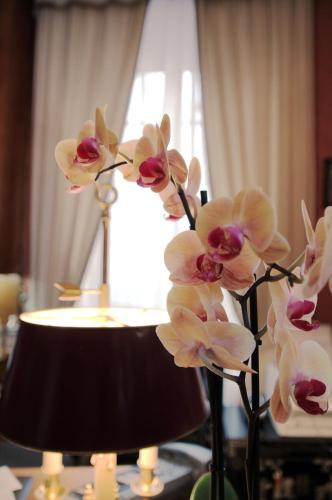 a vase filled with white and purple flowers next to a lamp at Logis Hôtel Beau Site in Argelès-Gazost