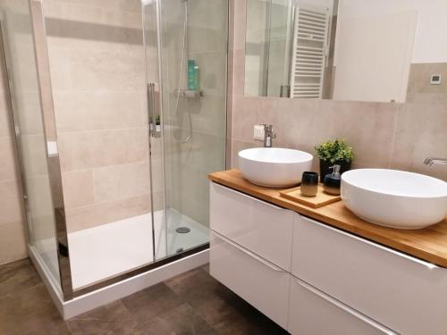 a bathroom with a sink and a shower at Townhouse Altstadt Wismar, Lower Apartment in Wismar