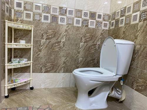 a bathroom with a white toilet in a room at Lovely 2-bedroom apartment near AYB school in Dilijan