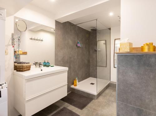 ein Badezimmer mit einem weißen Waschbecken und einer Dusche in der Unterkunft Le Loft Nautilus by Maison Brasseurs d'Etoiles in Lüttich