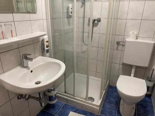 ein Bad mit einer Dusche, einem Waschbecken und einem WC in der Unterkunft Gasthof-Pension Hochsteiner in Glödnitz