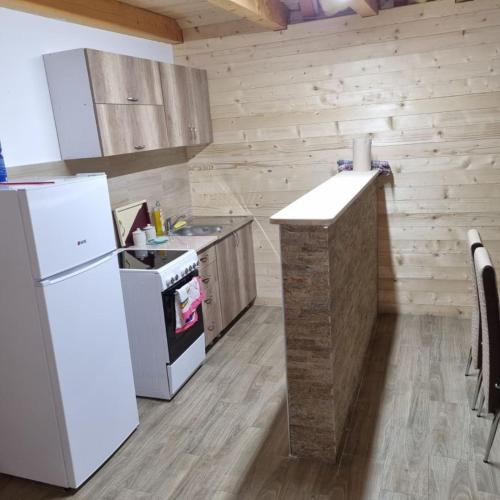 a kitchen with a white refrigerator and a stove at Vikendica Jovicic in Kraljevo