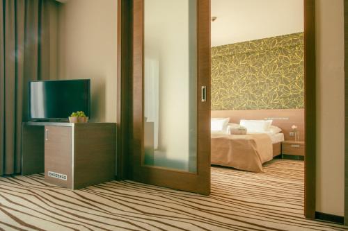 a room with a bedroom with a bed and a mirror at Hotel Ponteo - Activity Park in Bratislava