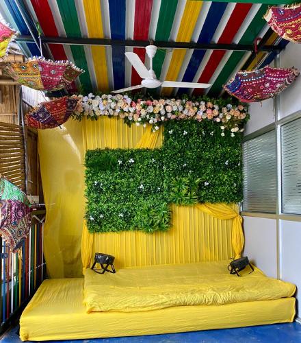 a vertical garden with plants on a yellow couch at Tridhara HomeStay in Guwahati