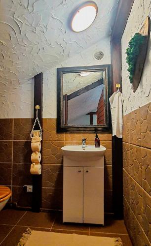 a bathroom with a sink and a mirror at Siedlisko Liskowate - Bieszczady in Ustrzyki Dolne