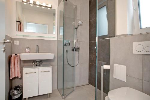 ein Bad mit einer Dusche und einem Waschbecken in der Unterkunft Apartment Landzeit in Neukirch