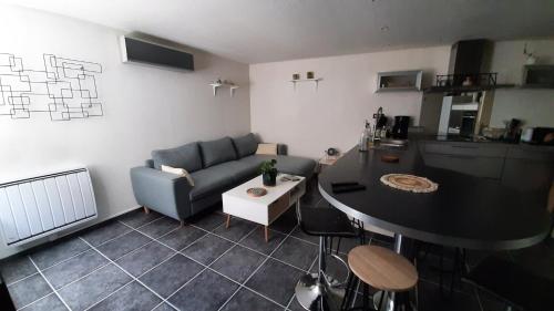 un salon avec un canapé et une table dans l'établissement Agréable maison de village, au calme d'une impasse, à Aubière