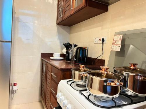 a kitchen with two pots on top of a stove at Fairview Luxury Apartments in Dar es Salaam