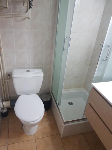 une salle de bain avec toilettes et douche dans l'établissement Studio 4 pers avec Balcon Alpe du Grand Serre, à La Morte
