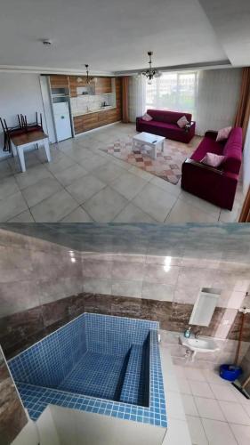 two views of a living room with a pool at gazlıgöl elit termal otel in Gazligol
