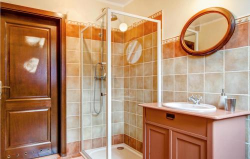 a bathroom with a shower and a sink and a mirror at Pet Friendly Home In Wygon With Kitchen in Wygon