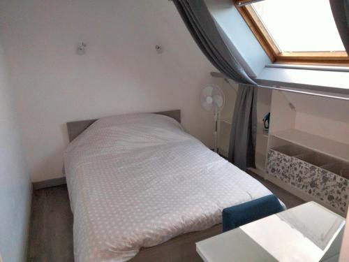uma cama num pequeno quarto com uma janela em appartement hypercentre Troyes em Troyes