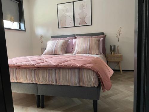een slaapkamer met een bed met een roze dekbed en kussens bij Luxe Vakantiehuis met optionele privé Wellness in Zuidwolde