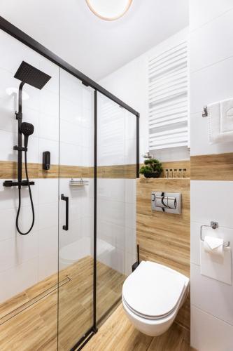ein Badezimmer mit Toilette und Duschkabine aus Glas in der Unterkunft Apartamenty EverySky Górskie Tarasy - Kwiatowa 5-7 in Karpacz