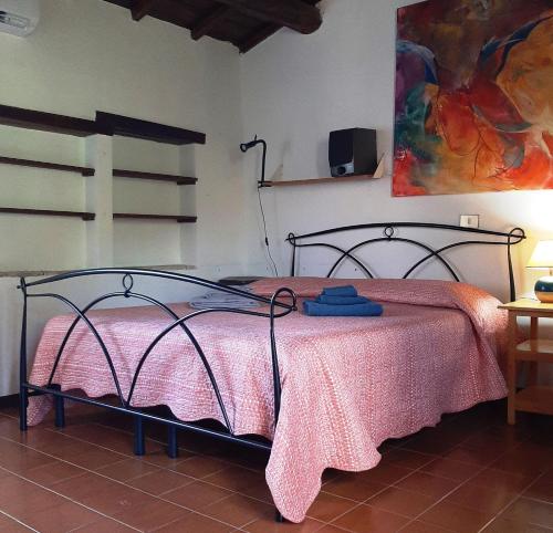 a bedroom with a bed with a pink blanket at L'Olivo in San Michele in Teverina