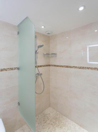 a shower with a glass door in a bathroom at Hotel Mimosa Paris in Paris