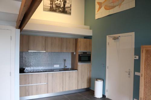 a kitchen with wooden cabinets and green walls at WijkD in Leende
