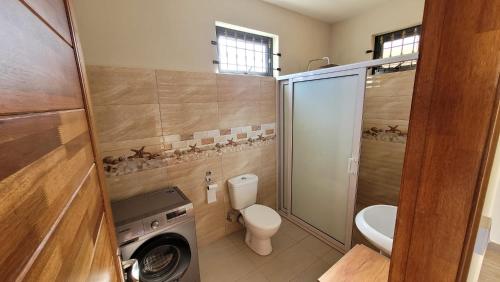 a bathroom with a toilet and a washing machine at Coquette villa avec piscine in Flic-en-Flac
