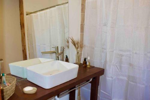 a bathroom with a white sink on a counter at La casa del monte - Naturaleza y cielo nocturno in Villa Serrana