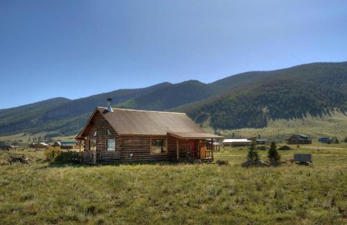 a log cabin in a field with mountains in the background at Bristol Head Acres Rustic Cabin in Creede
