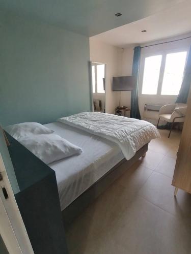 une chambre avec un lit dans une pièce avec une fenêtre dans l'établissement Le Méditerranée 1er Ligne vue mer classe 3, à Canet
