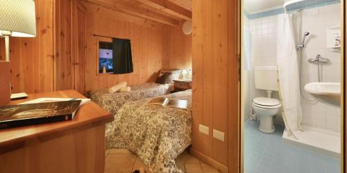 a bathroom with two beds and a sink and a toilet at Albergo Casa Alpina San Luigi in Campodolcino