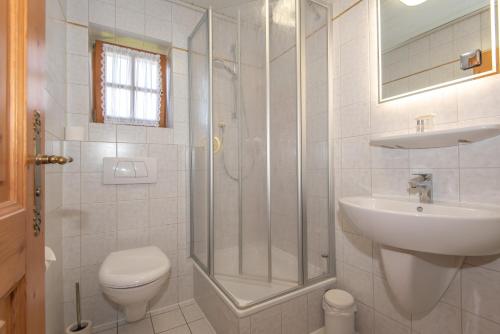 uma casa de banho com um chuveiro, um WC e um lavatório. em Pension Ludwig Thoma em Otterfing