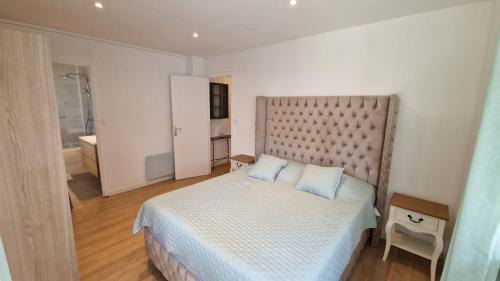 une chambre avec un lit avec deux oreillers bleus dans l'établissement superbe apartment close croisette kha5, à Cannes