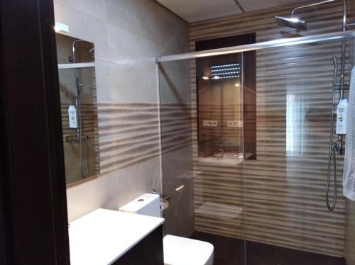 a bathroom with a toilet and a glass shower at Apartamentos turísticos Cambil in Cambil