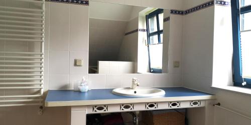 W łazience znajduje się umywalka i lustro. w obiekcie Ferienhaus Arkona Putgarten w mieście Putgarten