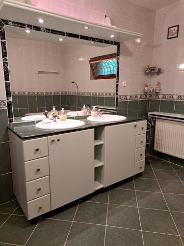 baño con 2 lavabos y espejo grande en Villa Csilla elegant house, en Érd