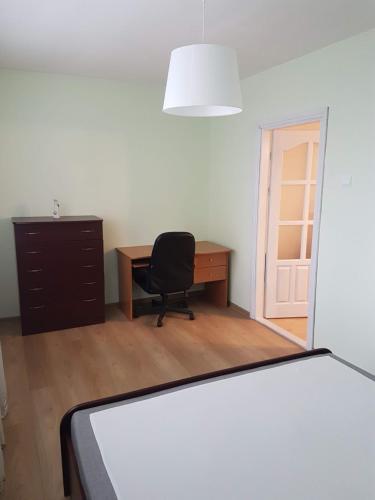 a bedroom with a desk and a chair and a bed at Apartments in Panevezys city center in Panevėžys