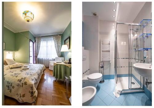 une salle de bains et une chambre avec un lit et un lavabo. dans l'établissement Wawabed Aparthotel, à Varsovie