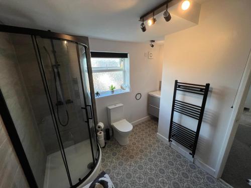 a bathroom with a shower and a toilet and a window at Two bedroom house with enclosed gardens and 2 car drive in Caeʼr-geiliog