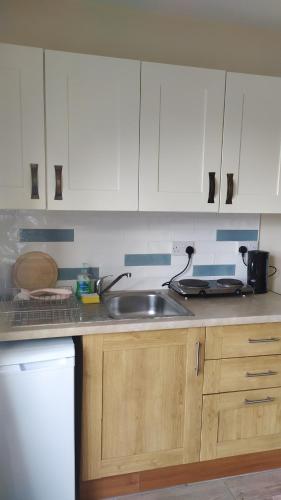 a kitchen with a sink and a counter top at Lovely cosy cottage close to Atlantic beaches in Dromore West
