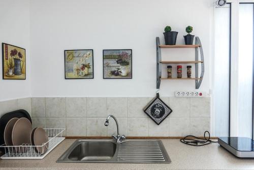 uma cozinha com um lavatório e uma bancada em Elafonisi Vacation Green Studio em Agios Padeleimon