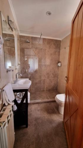 a bathroom with a sink and a toilet at Encanto del Rio in Villa La Angostura
