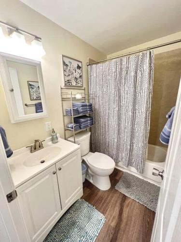 a bathroom with a toilet and a shower and a sink at *Prime Pad * King Bed * Long Term Stays* in Durham