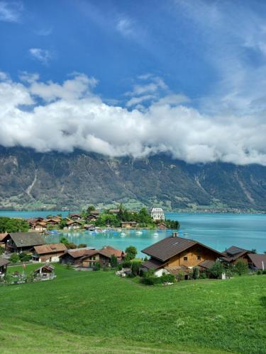 a village with a lake and mountains in the background at Switzerland Iseltwald Apartment in Iseltwald